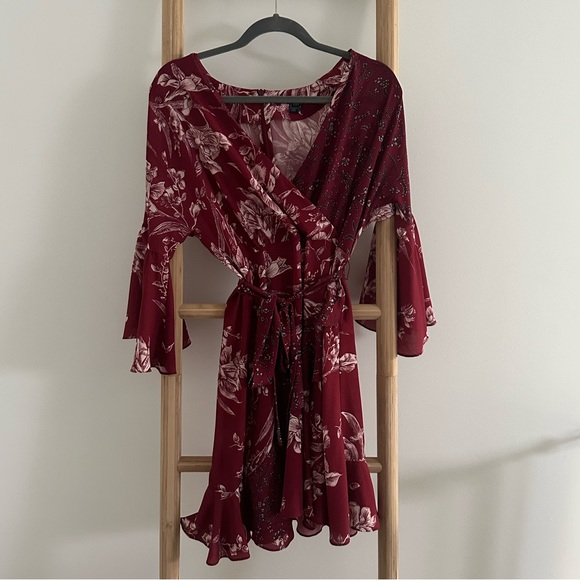 French Connection Frill Mini Wrap Dress in Deep Framboise in Size 4 - Picture 4 of 8